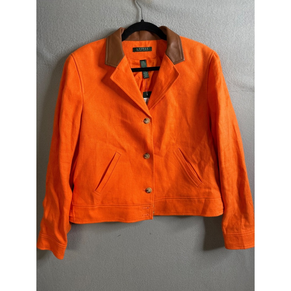 Lauren Ralph Lauren Blazer Women's 16‎ Orange Linen Blazer Leather Trim NWT
